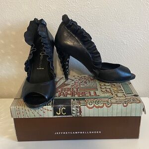 Jeffrey Campbell Black Ruffle Peep-Toe Heels with unicorn horn heel